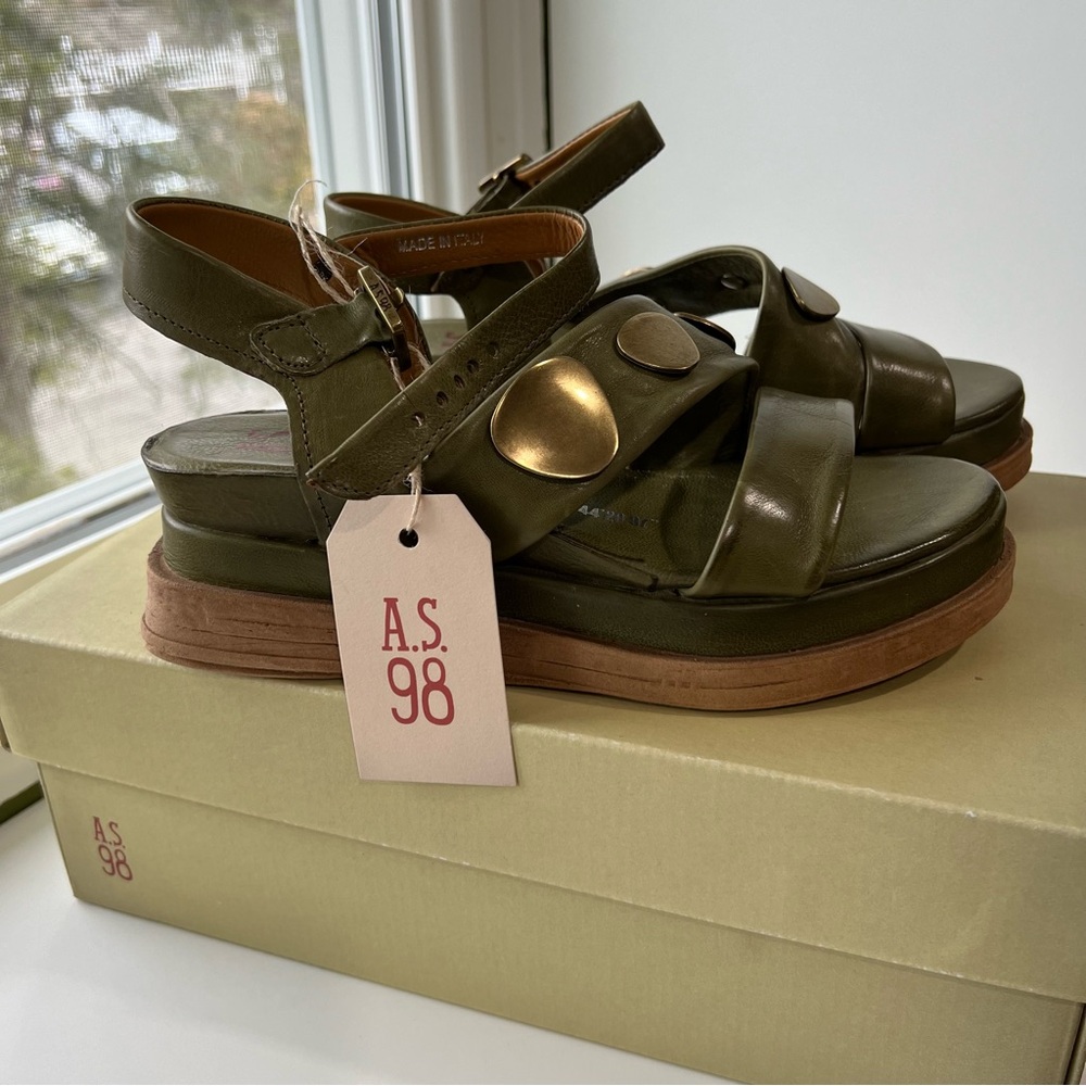 A.S.98 Olive Green Lance Sandals with Gold Accents 37
